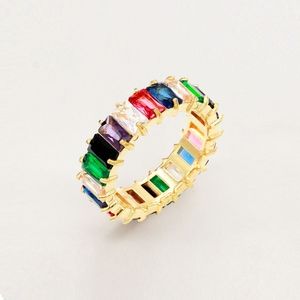 Colorful Gold Size 9 Baguette Crystal Cocktail Ring Fashion Statement Jewelry